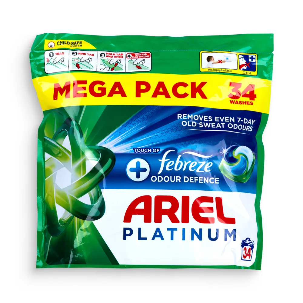 Ariel Washing Caps 34Pcs Mega Pack Touch Of Febreze Odour Defence Platinum